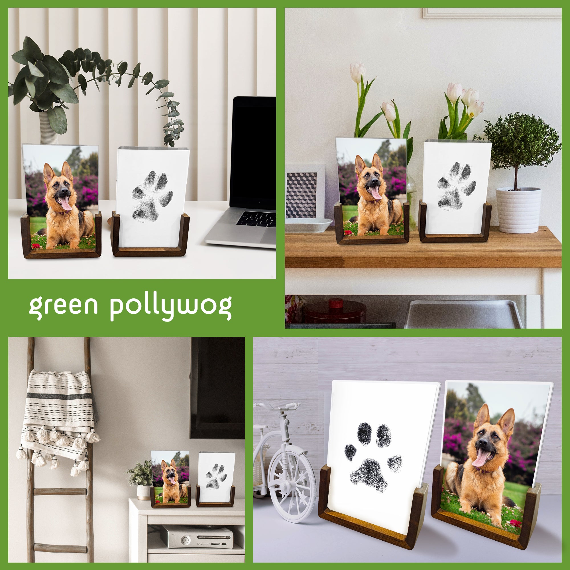 Green Pollywog | Wood Base Pawprint Frame Kit | (2) 4 x 6 Vertical Wooden Picture Frames | Extra-Large Clean Touch Ink Pad | Dog Paw Print Gifts | No Mess Ink Pad | Pet Memorial Picture Frame