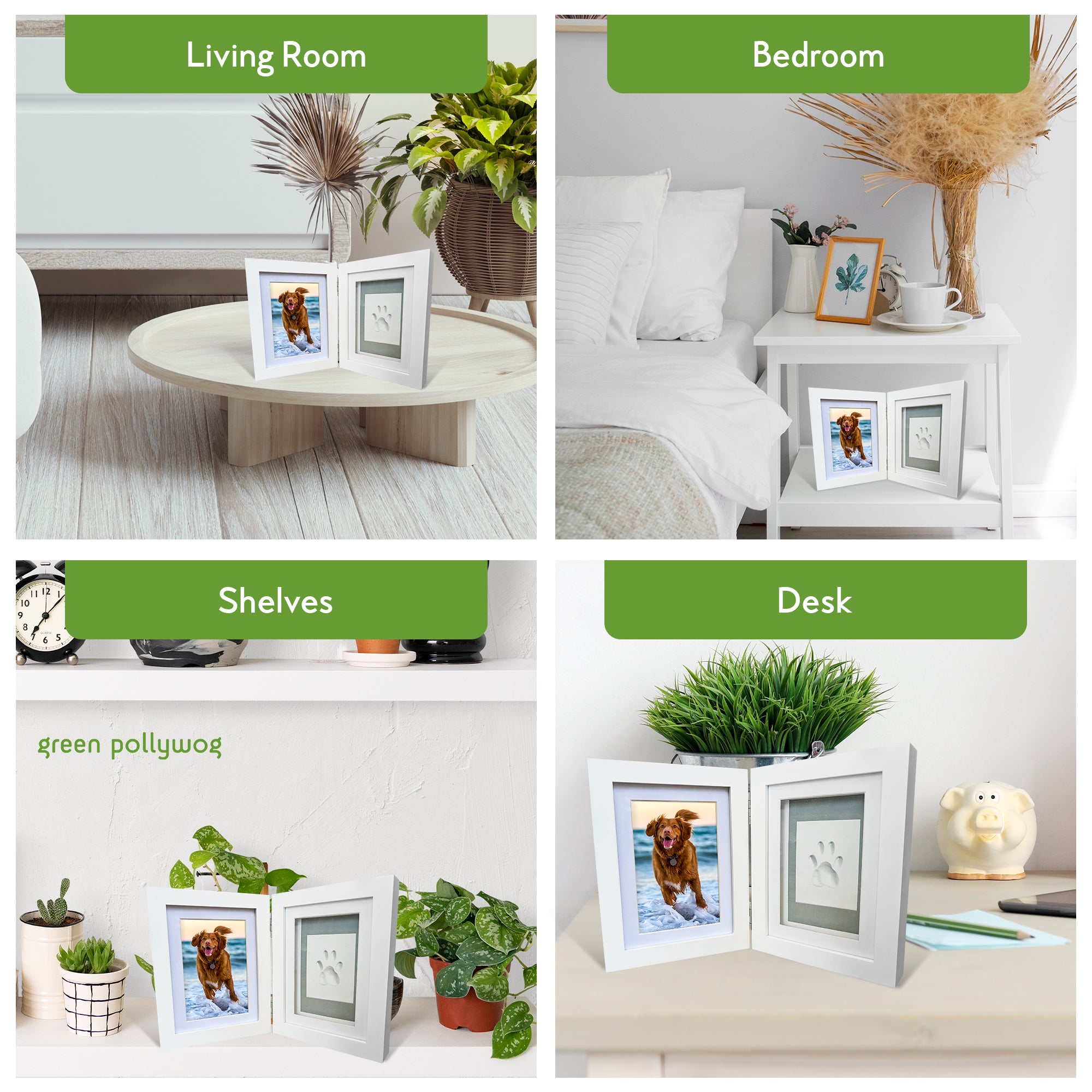 Green Pollywog | Paw Print Pet Keepsake Hinge Photo Frame + Clay Print Kit | Tabletop Photo Frame + Extra-Large Air-Dry Clay Imprint Kit | 4 x 6 Picture Openings