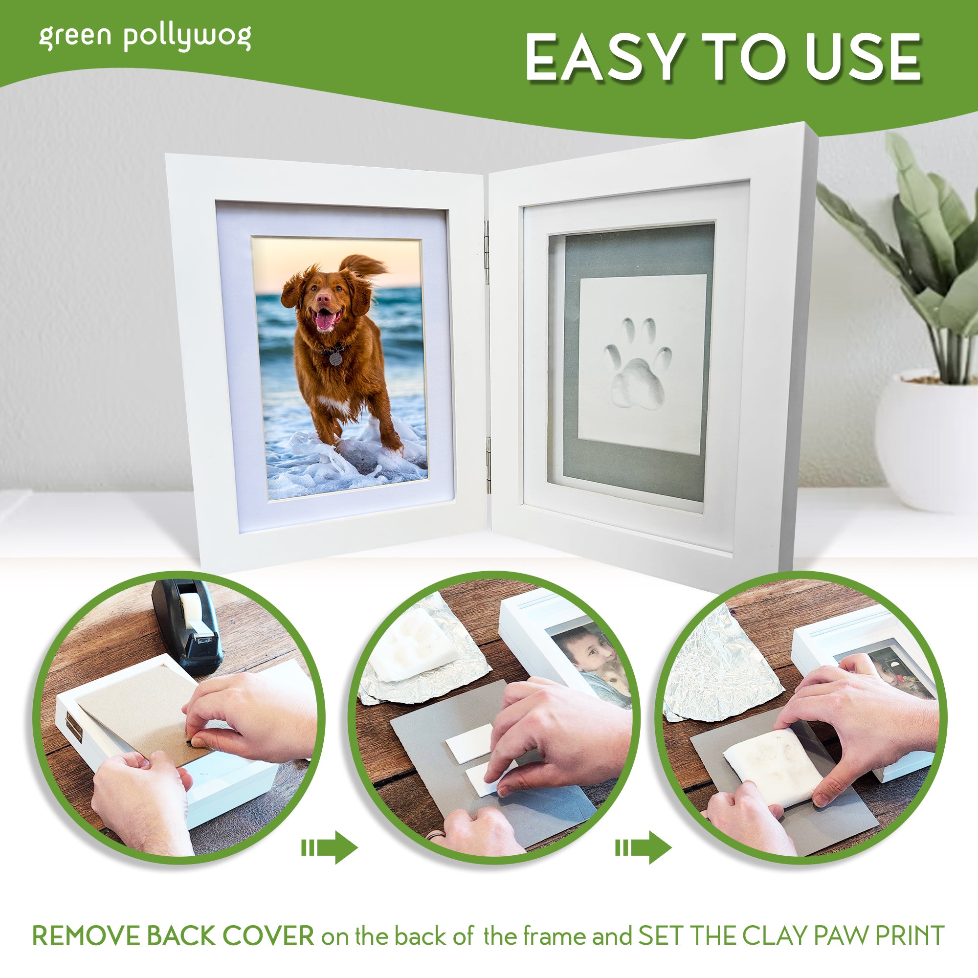 Green Pollywog | Paw Print Pet Keepsake Hinge Photo Frame + Clay Print Kit | Tabletop Photo Frame + Extra-Large Air-Dry Clay Imprint Kit | 4 x 6 Picture Openings