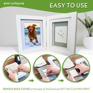 Green Pollywog | Paw Print Pet Keepsake Hinge Photo Frame + Clay Print Kit | Tabletop Photo Frame + Extra-Large Air-Dry Clay Imprint Kit | 4 x 6 Picture Openings