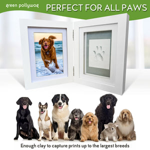 Green Pollywog | Paw Print Pet Keepsake Hinge Photo Frame + Clay Print Kit | Tabletop Photo Frame + Extra-Large Air-Dry Clay Imprint Kit | 4 x 6 Picture Openings