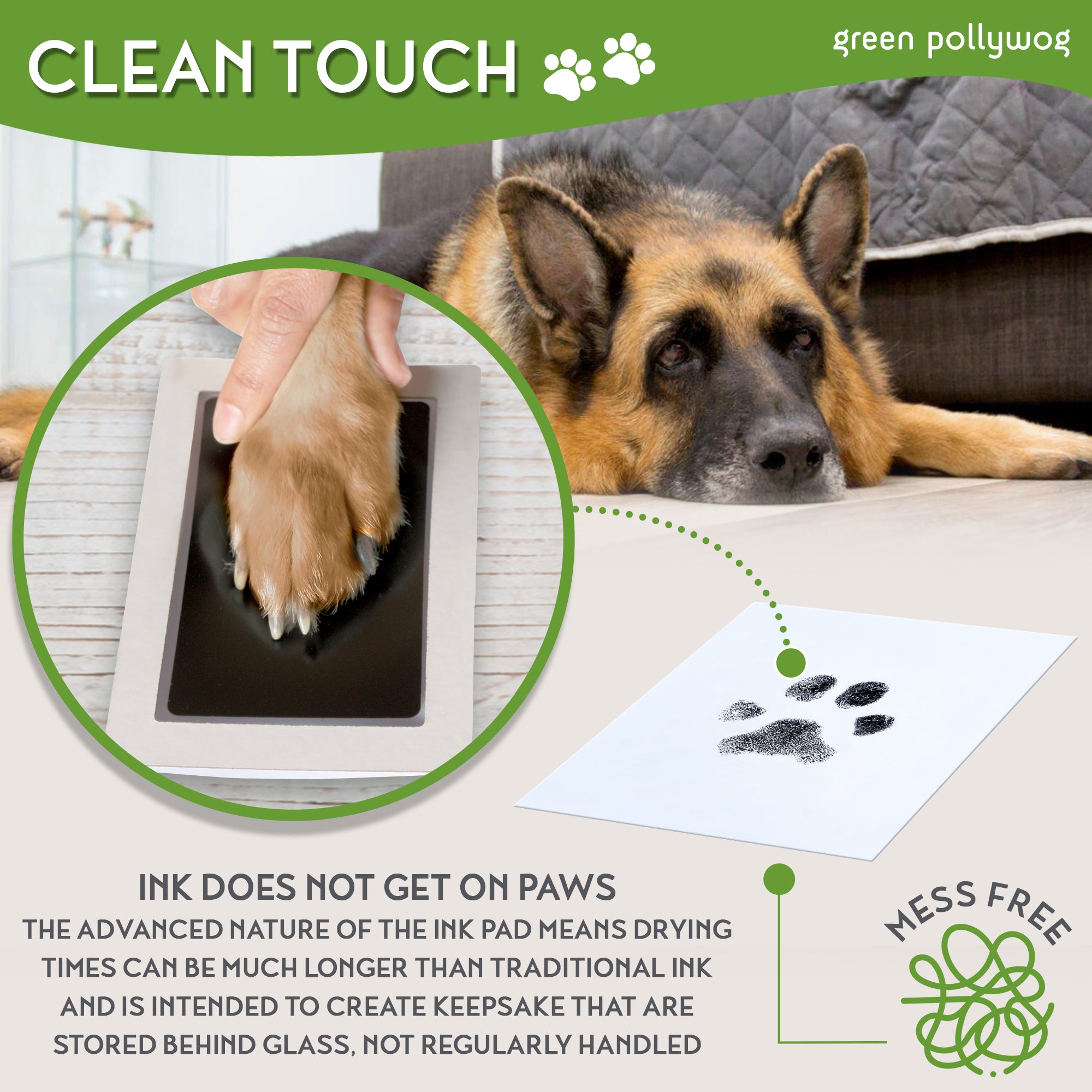 Green Pollywog | Wood Base Pawprint Frame Kit | (2) 4 x 6 Vertical Wooden Picture Frames | Extra-Large Clean Touch Ink Pad | Dog Paw Print Gifts | No Mess Ink Pad | Pet Memorial Picture Frame