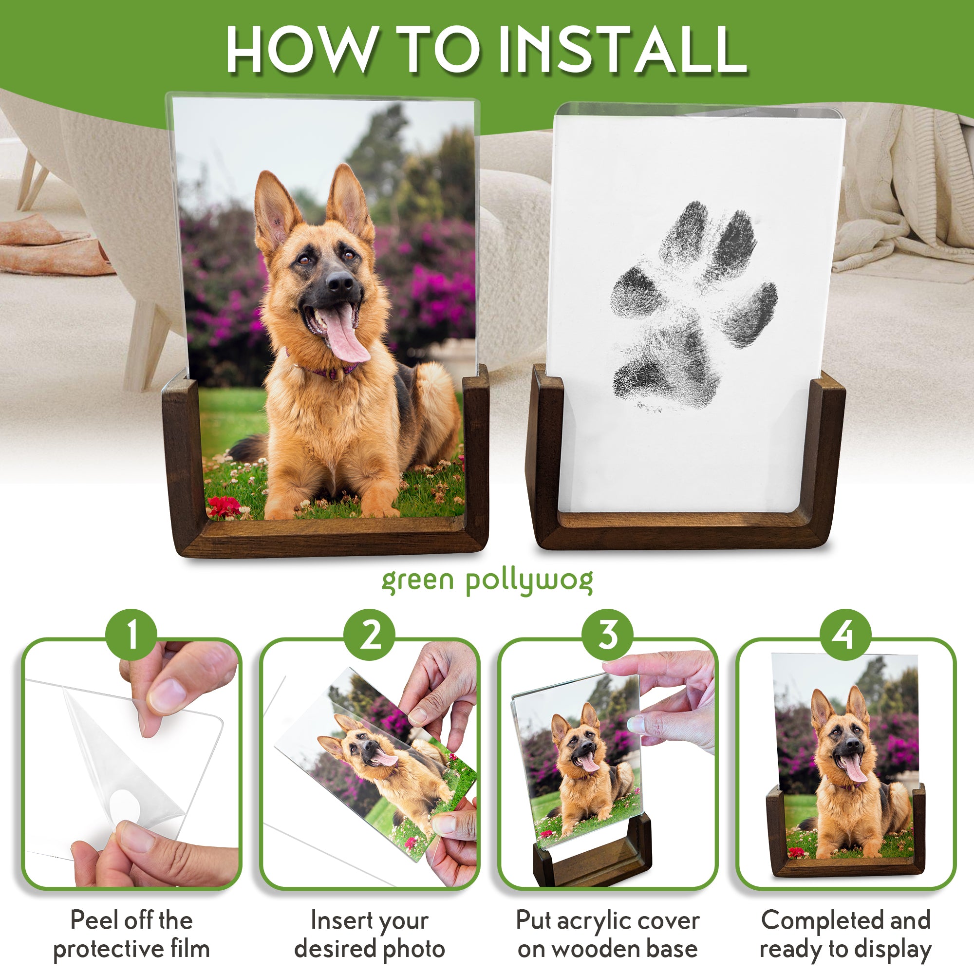 Green Pollywog | Wood Base Pawprint Frame Kit | (2) 4 x 6 Vertical Wooden Picture Frames | Extra-Large Clean Touch Ink Pad | Dog Paw Print Gifts | No Mess Ink Pad | Pet Memorial Picture Frame