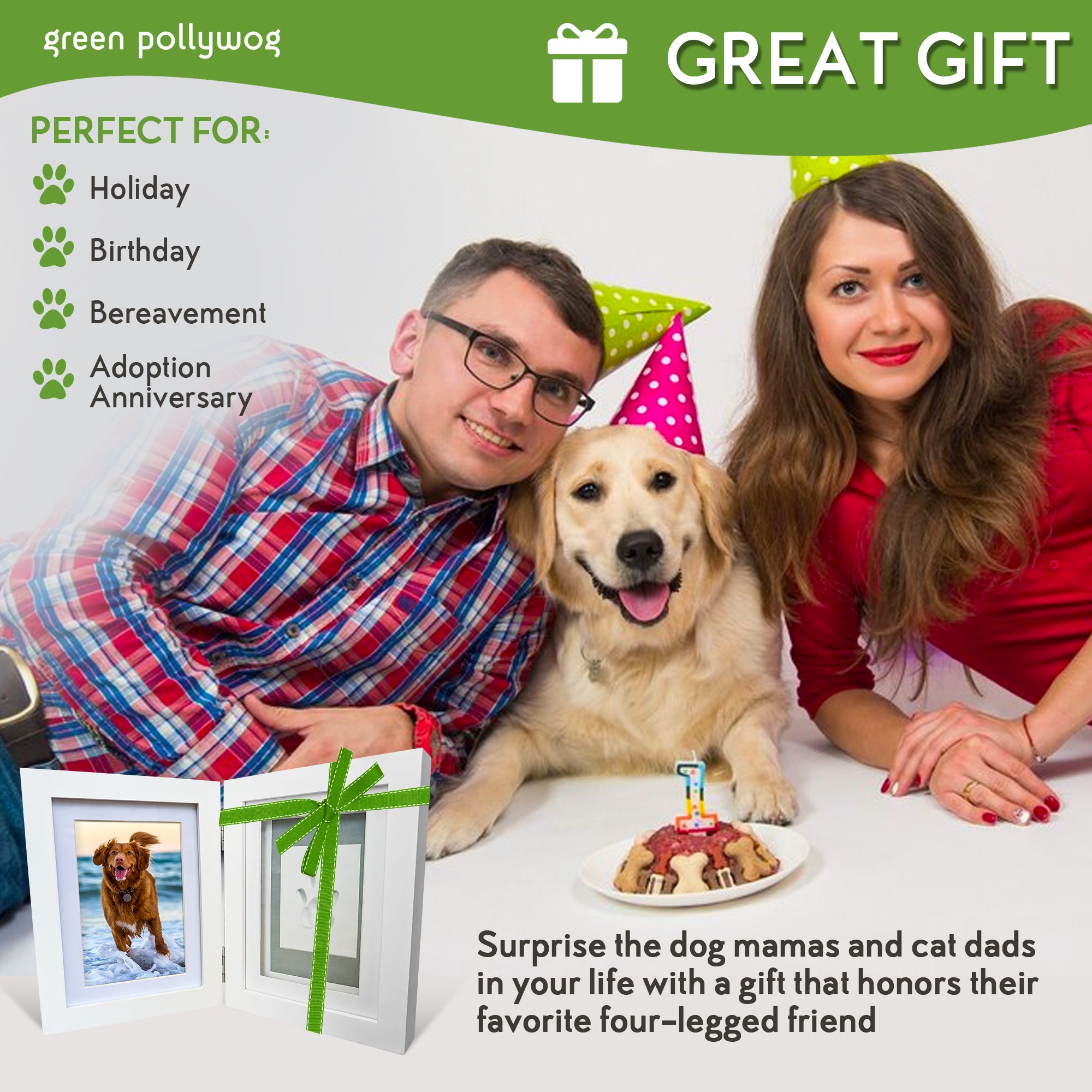 Green Pollywog | Paw Print Pet Keepsake Hinge Photo Frame + Clay Print Kit | Tabletop Photo Frame + Extra-Large Air-Dry Clay Imprint Kit | 4 x 6 Picture Openings