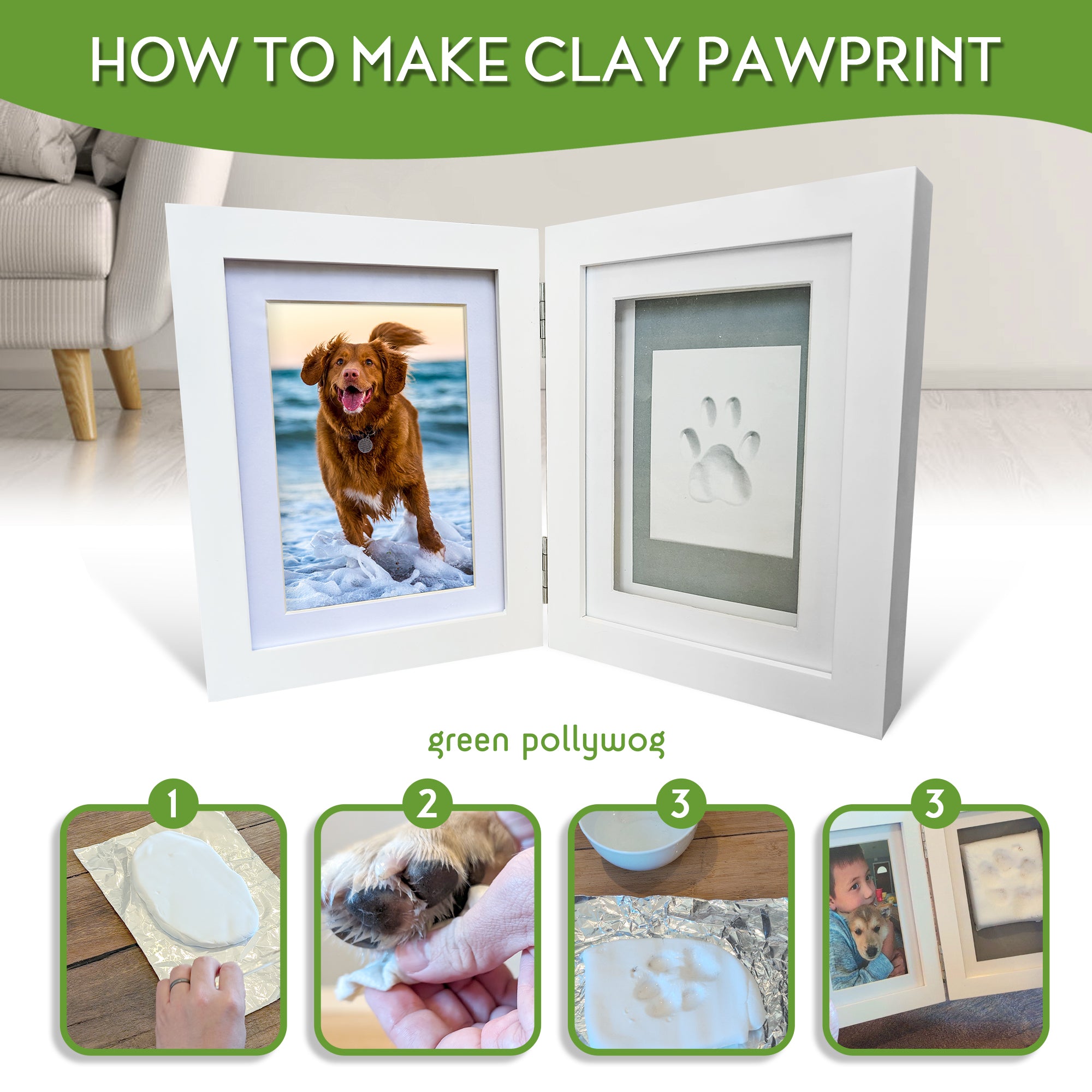 Green Pollywog | Paw Print Pet Keepsake Hinge Photo Frame + Clay Print Kit | Tabletop Photo Frame + Extra-Large Air-Dry Clay Imprint Kit | 4 x 6 Picture Openings