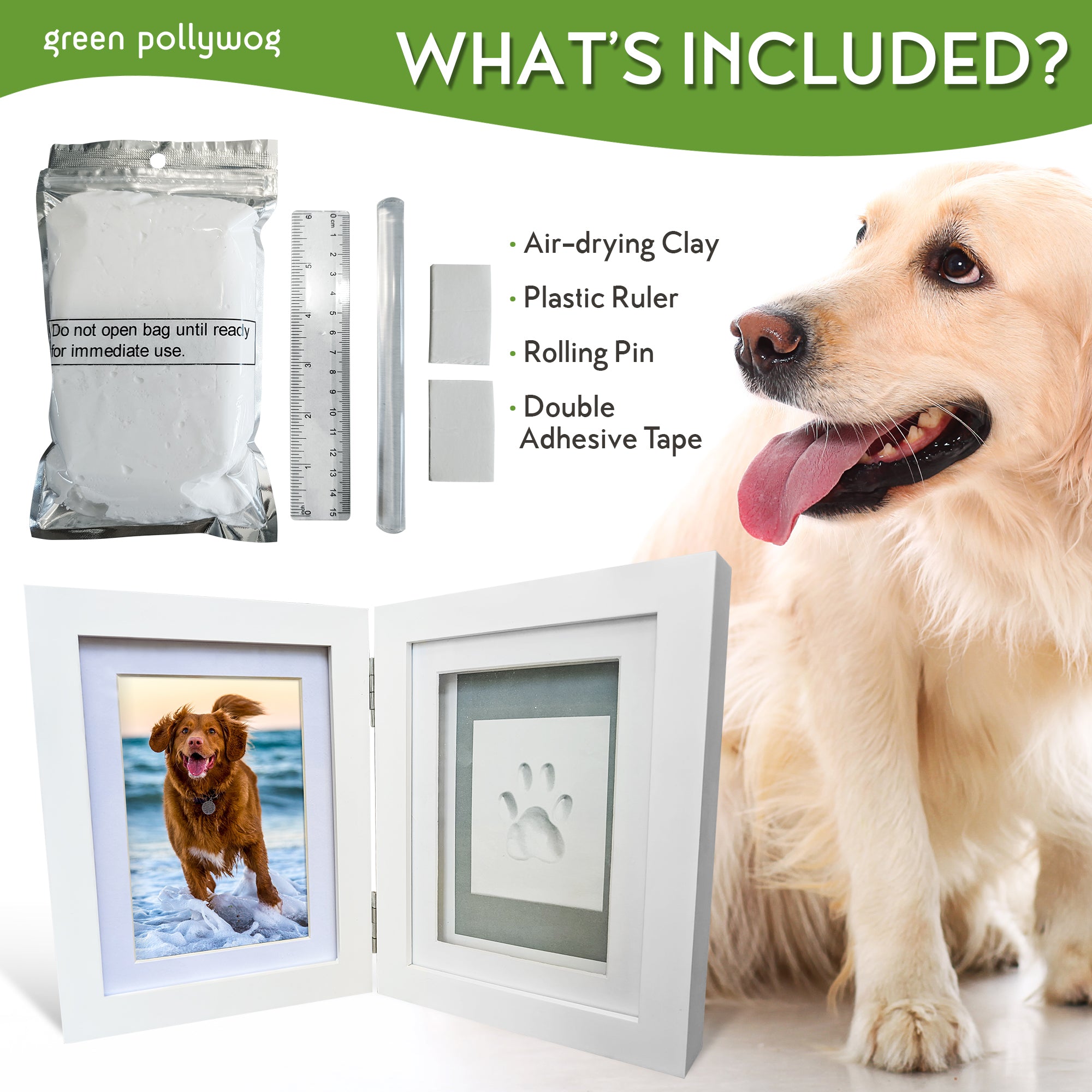 Green Pollywog | Paw Print Pet Keepsake Hinge Photo Frame + Clay Print Kit | Tabletop Photo Frame + Extra-Large Air-Dry Clay Imprint Kit | 4 x 6 Picture Openings