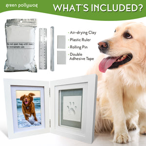 Green Pollywog | Paw Print Pet Keepsake Hinge Photo Frame + Clay Print Kit | Tabletop Photo Frame + Extra-Large Air-Dry Clay Imprint Kit | 4 x 6 Picture Openings