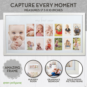 Baby's First Year Frame in Elegant White Natural Wood - My First Year Baby Picture Frame for Photo Memories (White)