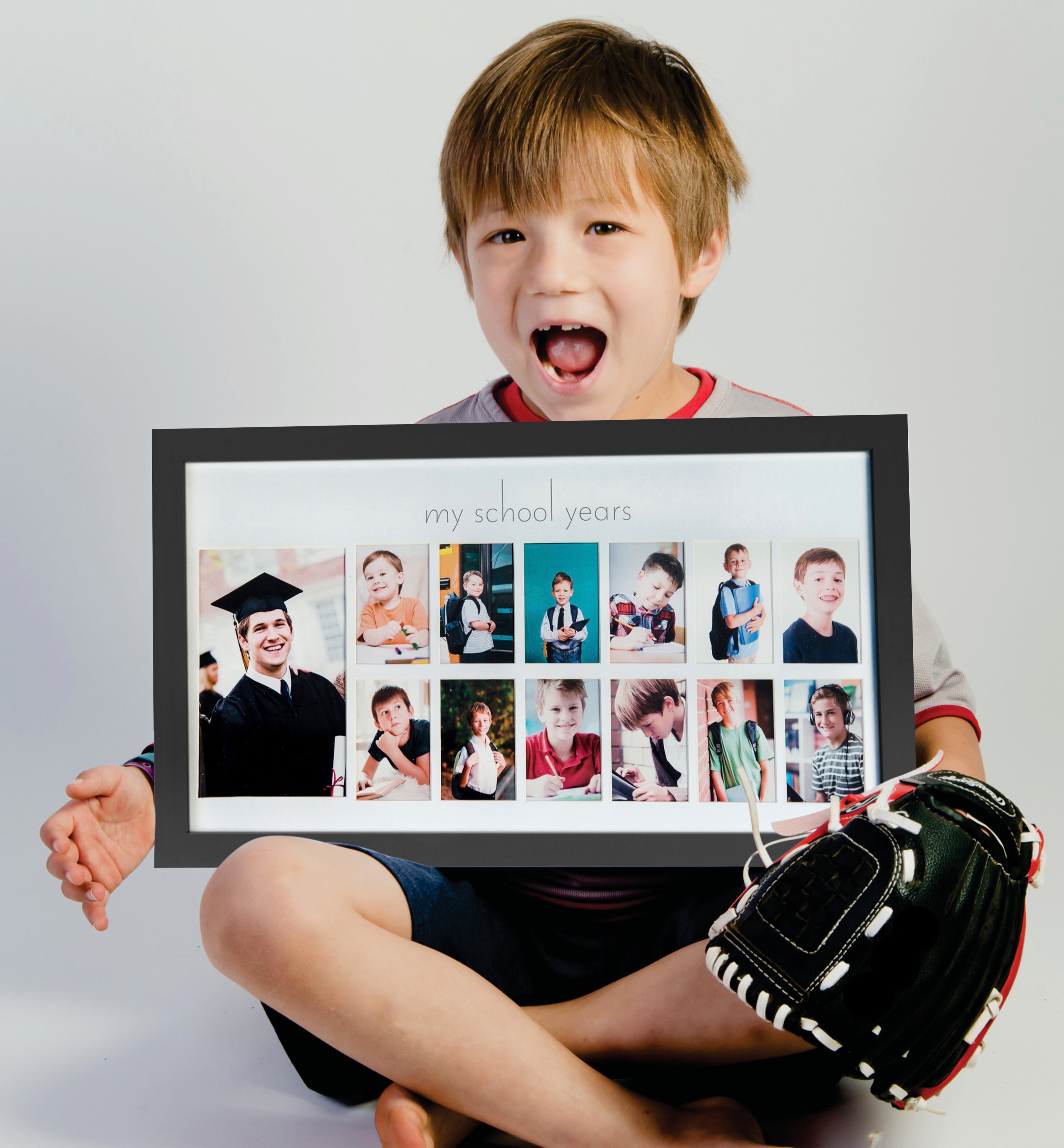 Green Pollywog School Years Picture Day Collage Frame in Elegant Natural Wood, Photos from Kindergarten to Graduation
