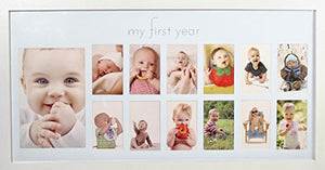 Baby's First Year Frame in Elegant White Natural Wood - My First Year Baby Picture Frame for Photo Memories (White)