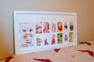 Baby's First Year Frame in Elegant White Natural Wood - My First Year Baby Picture Frame for Photo Memories (White)