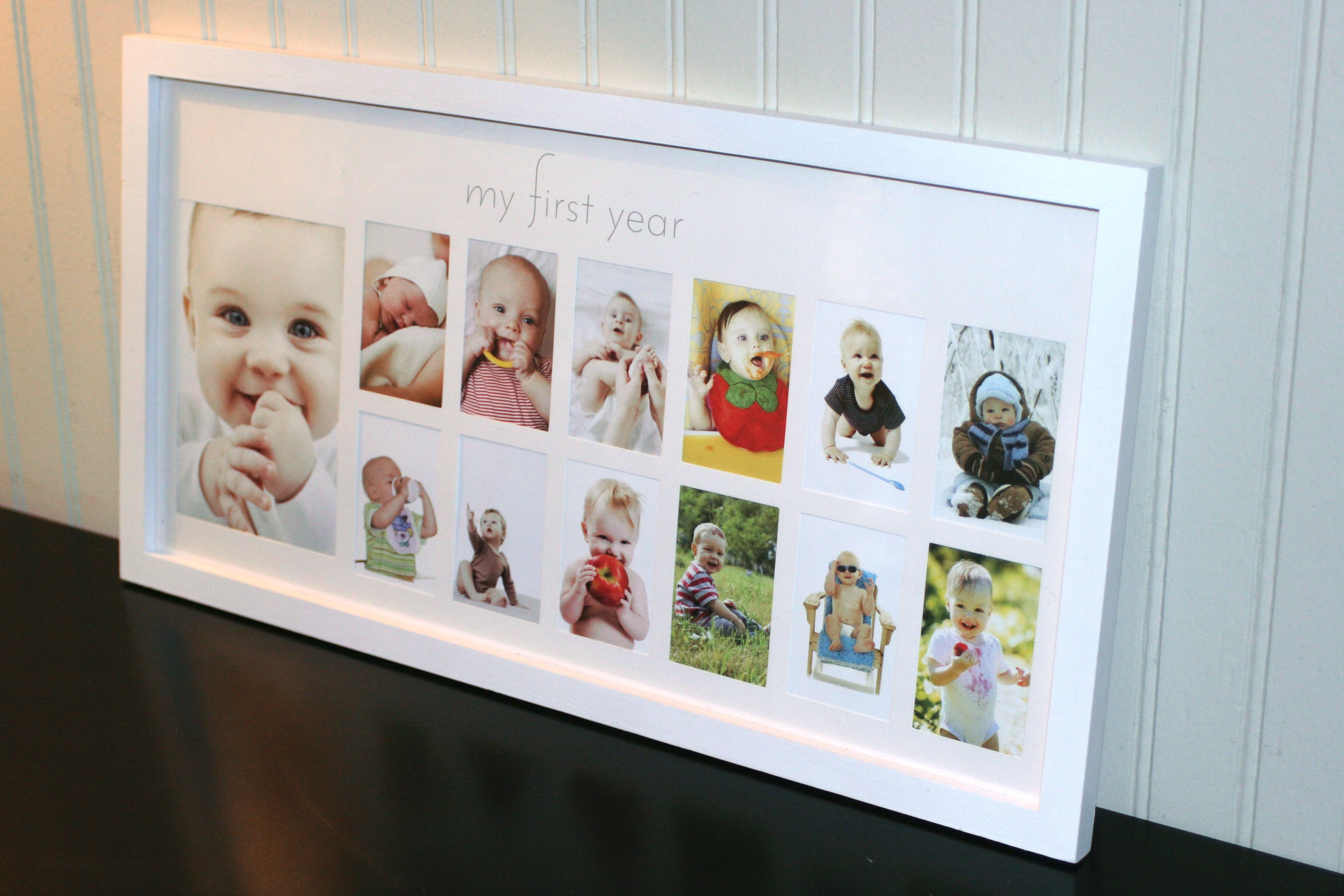 Baby's First Year Frame in Elegant White Natural Wood - My First Year Baby Picture Frame for Photo Memories (White)